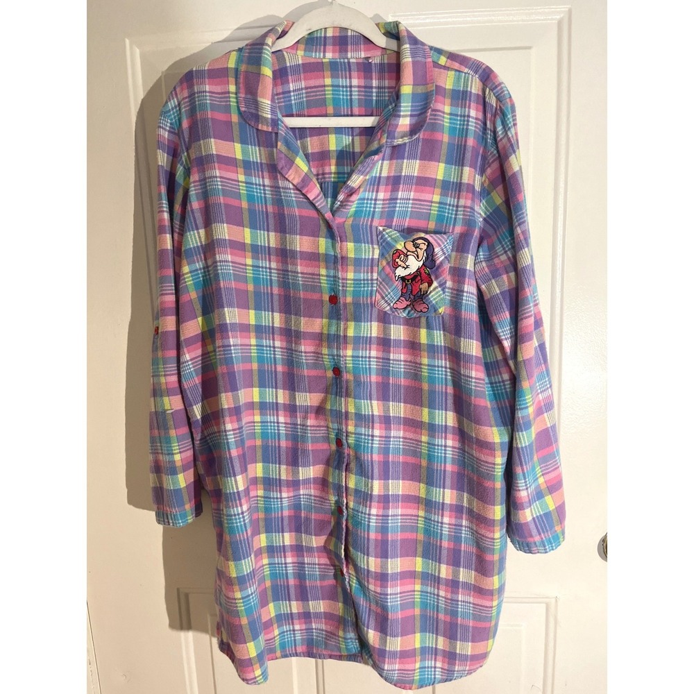 Disney Nightshirt Women XXL Multi Plaid Grumpy Snow White Flannel Sleep Shirt